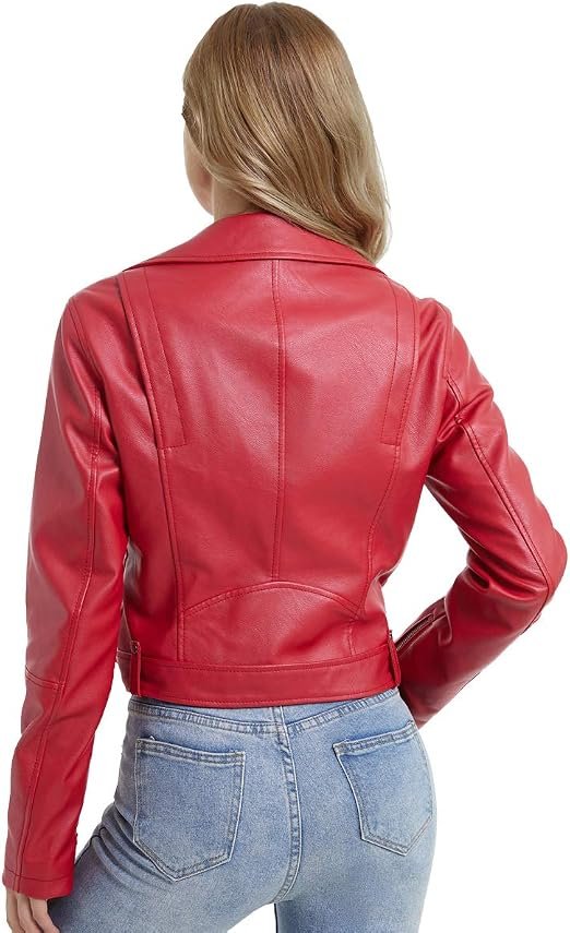 Women Faux Leather Jacket Slim Belted PU Moto Coat - Image 2