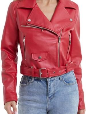Women Faux Leather Jacket Slim Belted PU Moto Coat