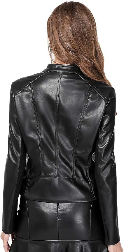 Faux Leather Jacket Women Cropped Motorcycle Biker Outwear - Image 2