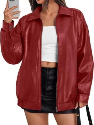 Womens Oversized Leather Jacket Moto Bomber Coat Fall&Winter