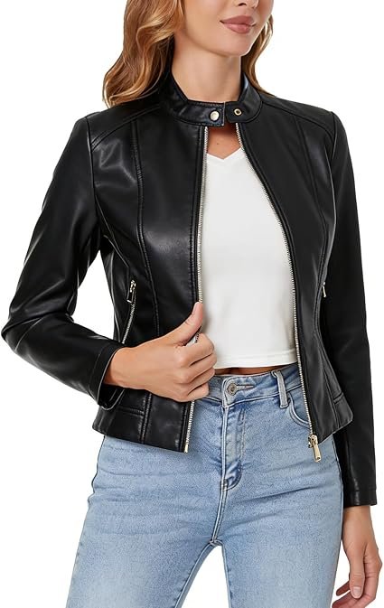Faux Leather Jacket Women Cropped Motorcycle Biker Outwear - Image 3
