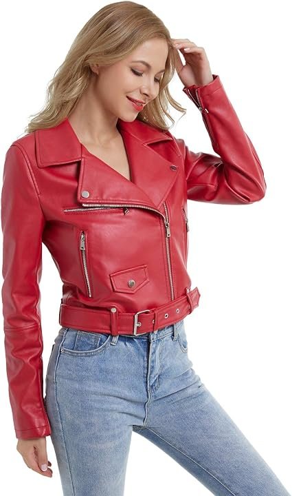 Women Faux Leather Jacket Slim Belted PU Moto Coat - Image 3