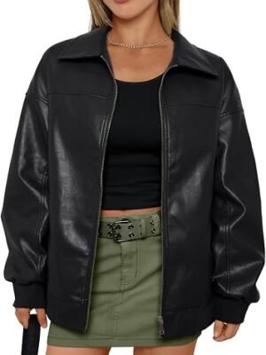 Womens Leather Jackets Oversized Zip Up Faux Bomber Coats