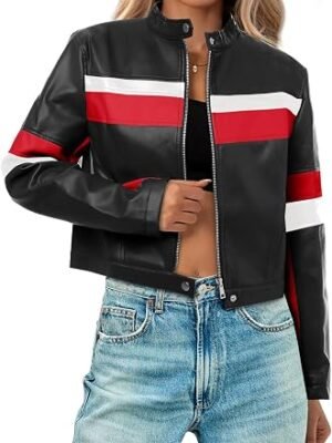 Womens Cropped Moto Biker Jackets Faux Leather Bomber Jacket Color Block Vintage Racing Coats