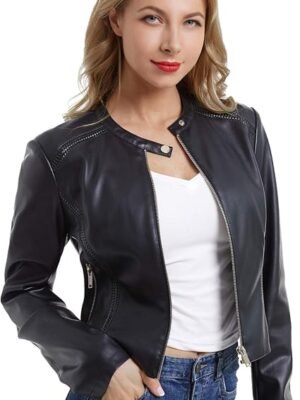 Faux Leather Jacket Women Cropped Motorcycle Biker