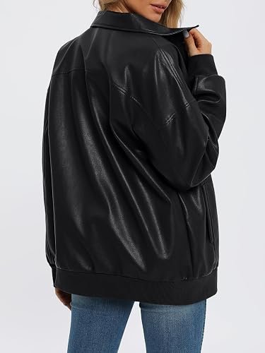 Womens Leather Jackets Oversized Zip Up Faux Bomber Coats - Image 2