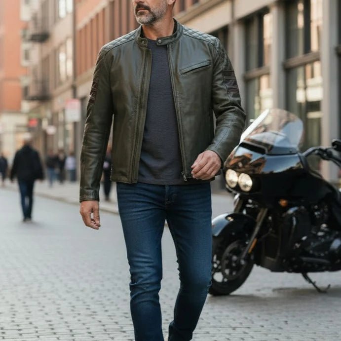 Dublin Olive Green Motorcycle Leather Jacket - Image 15